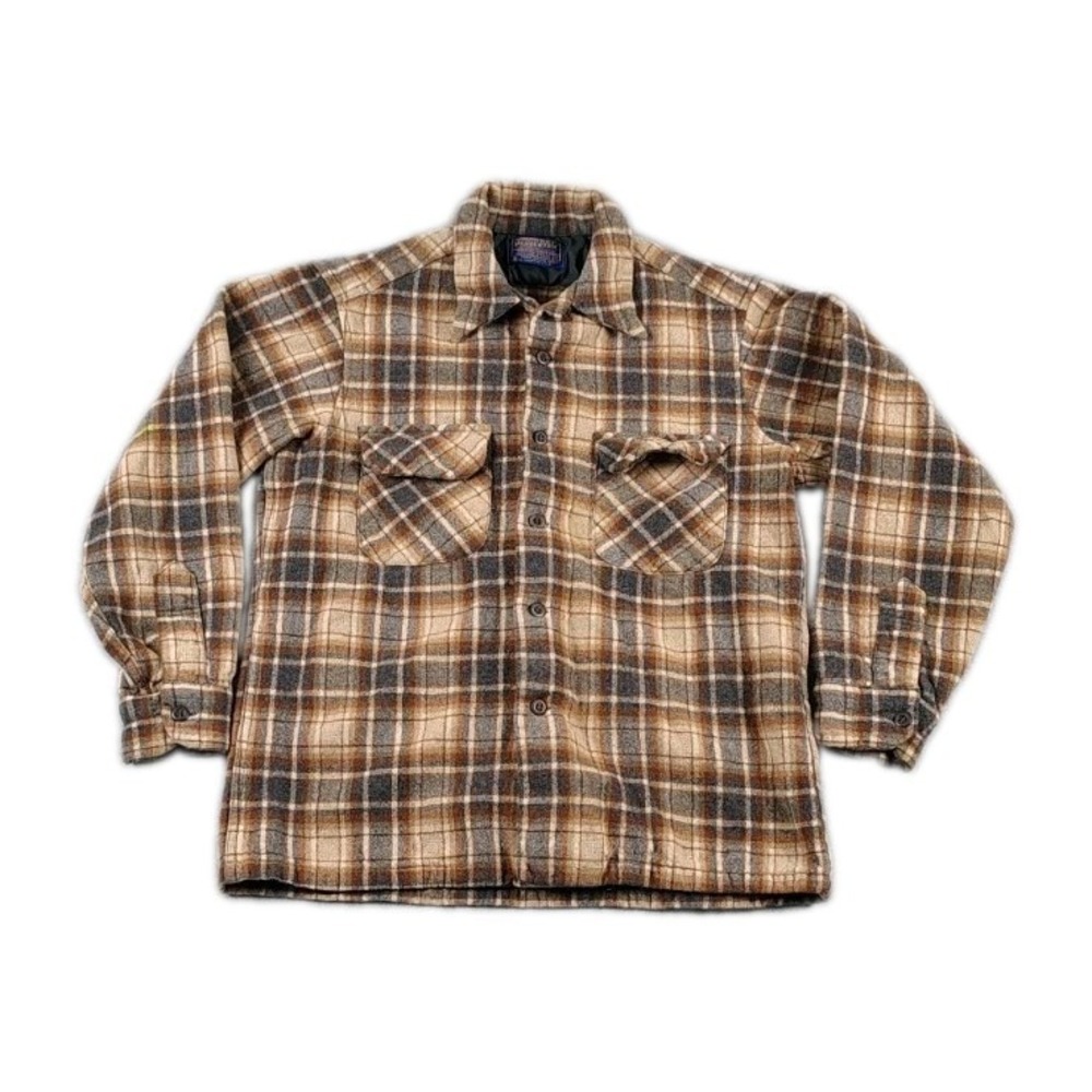 Vintage Pendleton Shirt Womens LG Beige Plaid Wool Flannel  USA Multicolor Flaws